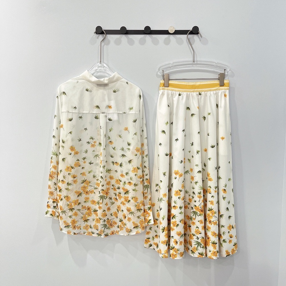 Dior White Floral Print Blouse & Midi Skirt Two-Piece Set